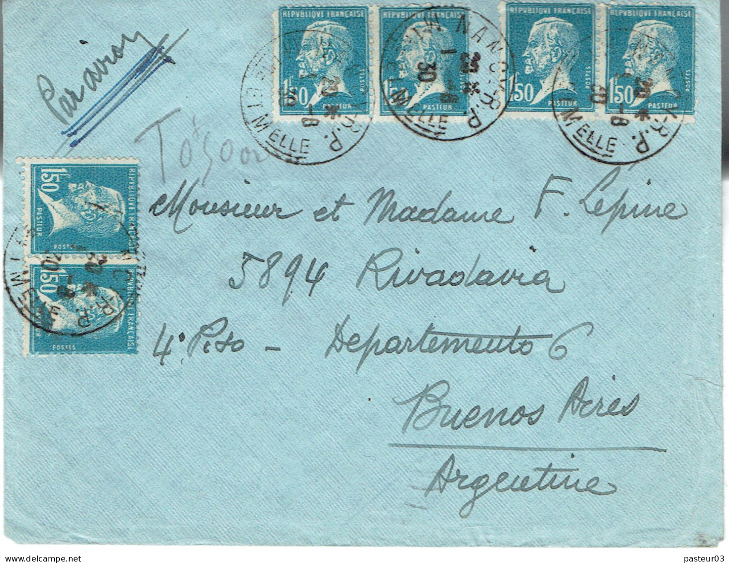 181 X 6 Pasteur 1,50 F. Bleu (146) Lettre Par Avion Pour L'Argentine  Tarifs Du 01-08-1926 - 1922-26 Pasteur