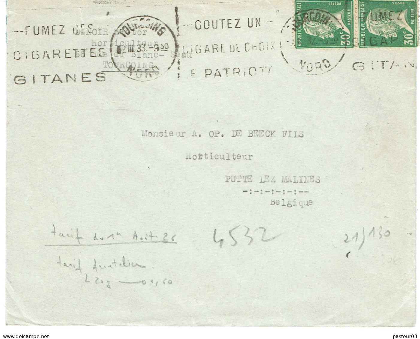 174 X 2 Pasteur 30 C. (53) Lettre Au Tarif Frontalier Avec La Belgique   RARE  Tarifs Du 01-08-1926 - 1922-26 Pasteur