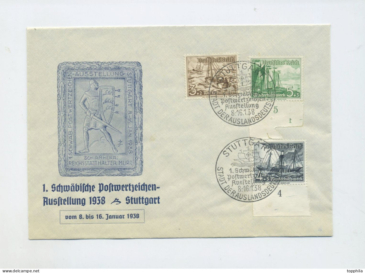 1938 3. Reich Schmuckbrief Schwäb. Postwertzeichenausstellung Mit Minr 653 Unterrand Mit Formnummer 1 (spiegelverkehrt) - Cartas & Documentos