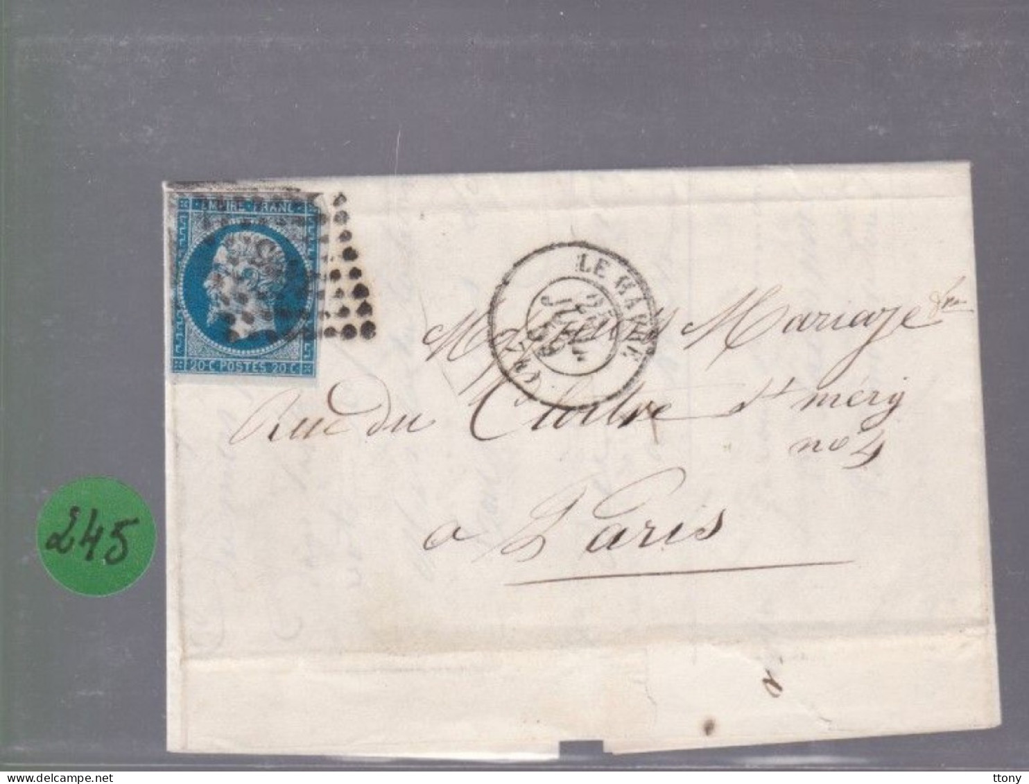 Un  Timbre  Napoléon III   N°  14     20 C Bleu   Sur  Lettre  Départ  Le Havre  1859  Destination Paris - 1849-1876: Periodo Classico