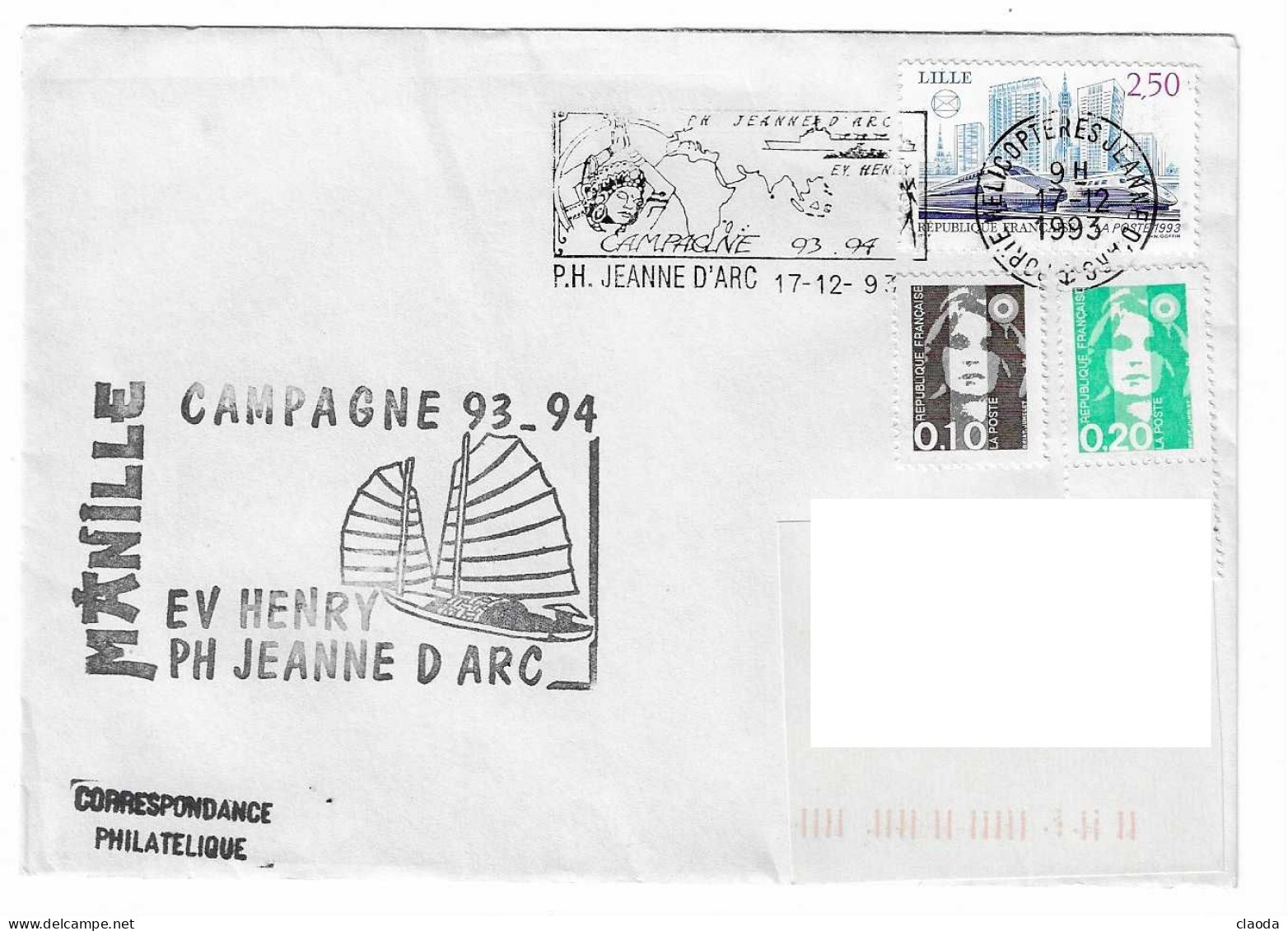 187 JDA -PORTE-HÉLICOPTÈRES JEANNE D'ARC - E.V. HENRY   - CAMPAGNE1993-1994   - ESCALE DE MANILLE - Scheepspost