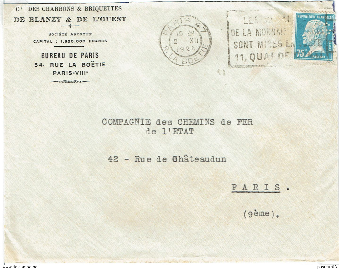 177 Pasteur 75 C. . Bleu (23) Lettre Double Pour L'Intérieur Perforé GC Tarifs Du 09-08-1926 - 1922-26 Pasteur