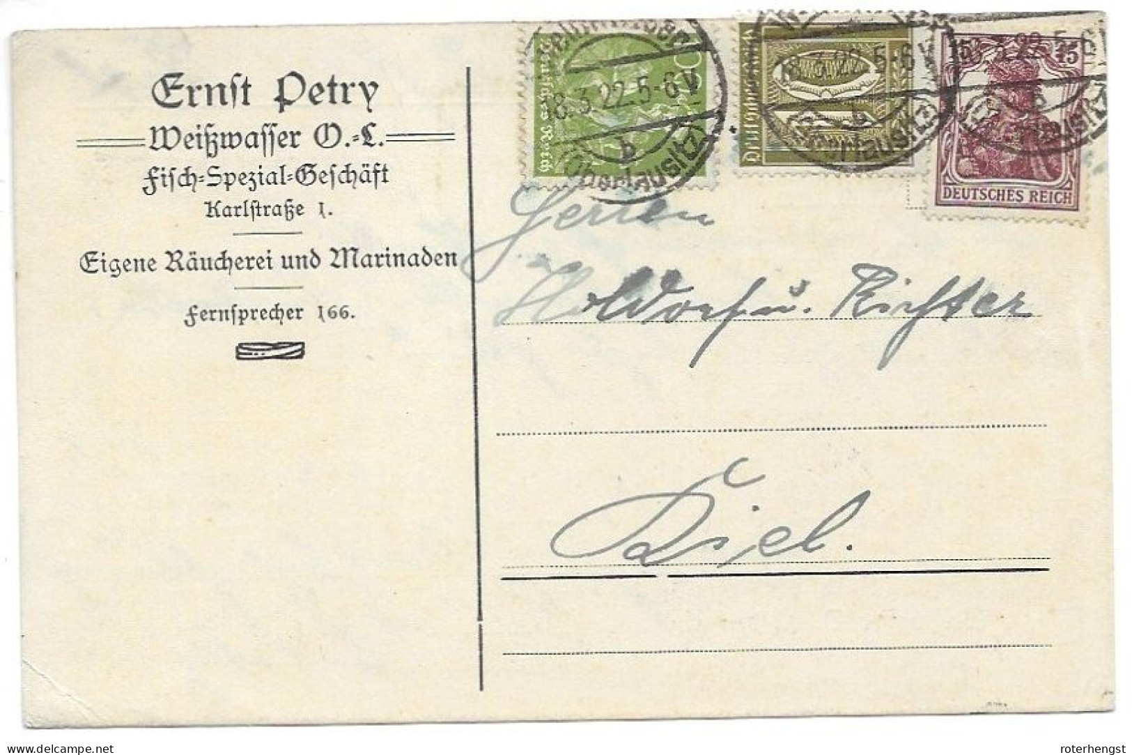 18.03.1922 Infla Card With Good Colours Stamps Weisswasser To Kiel - Lettres & Documents