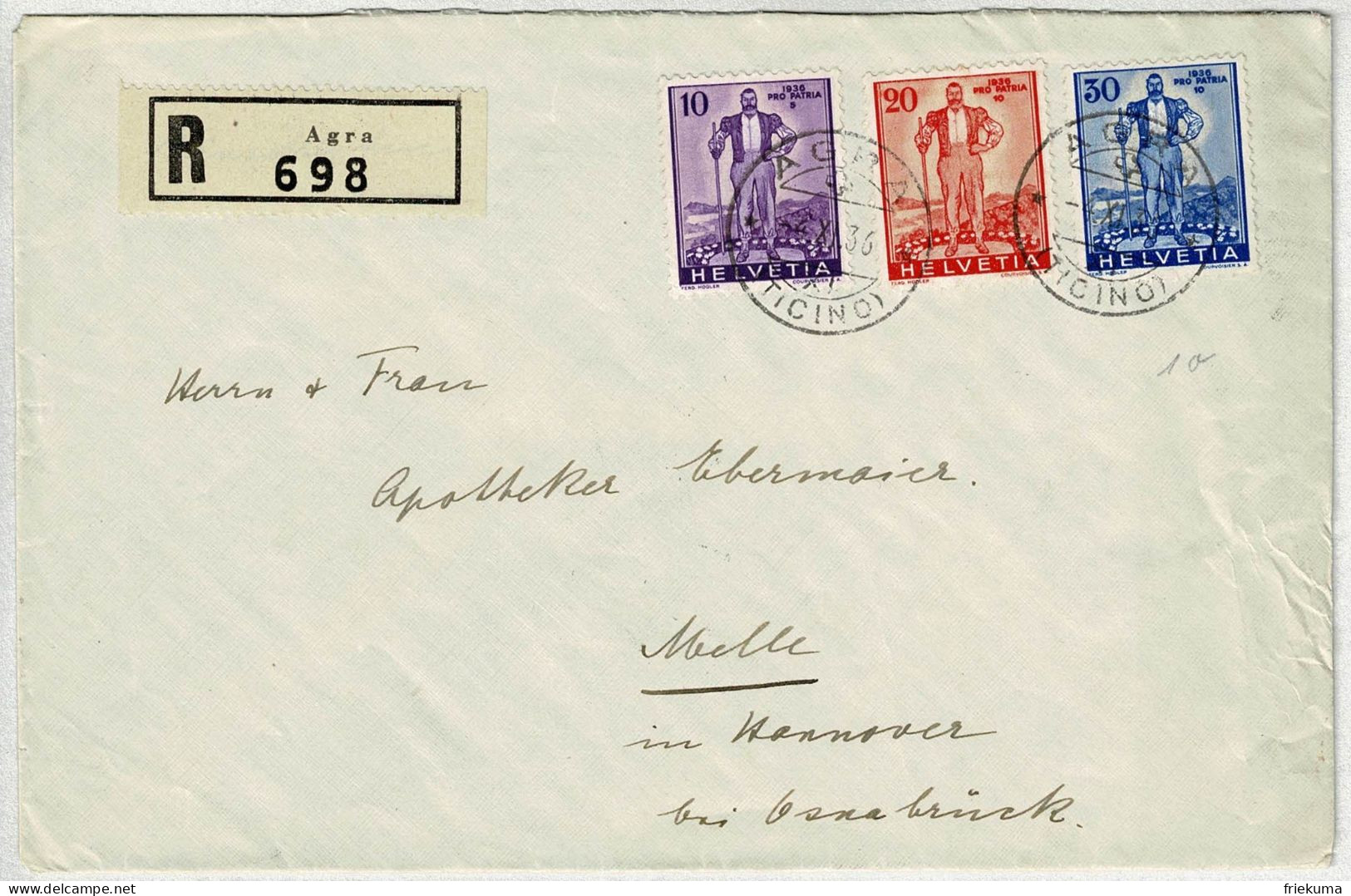 Schweiz 1936, Zuschlagsmarken Wehranleihe Pro Patria, Brief Einschreiben Agra - Melle (Deutschland) - Storia Postale