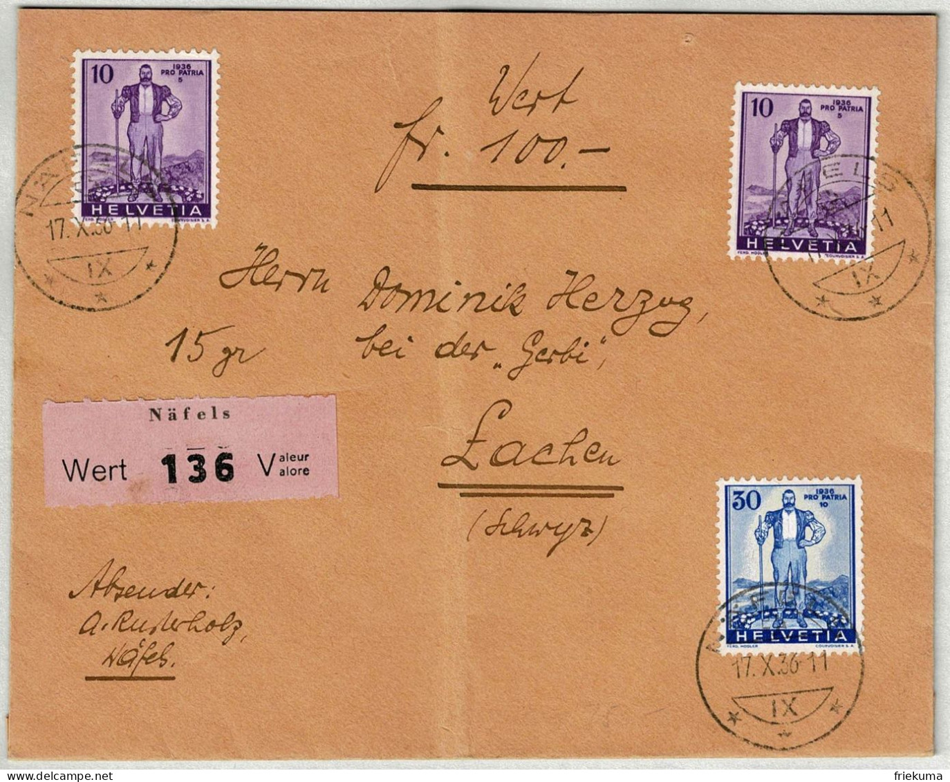 Schweiz 1936, Zuschlagsmarken Wehranleihe Pro Patria, Wertbrief Näfels - Lachen - Storia Postale