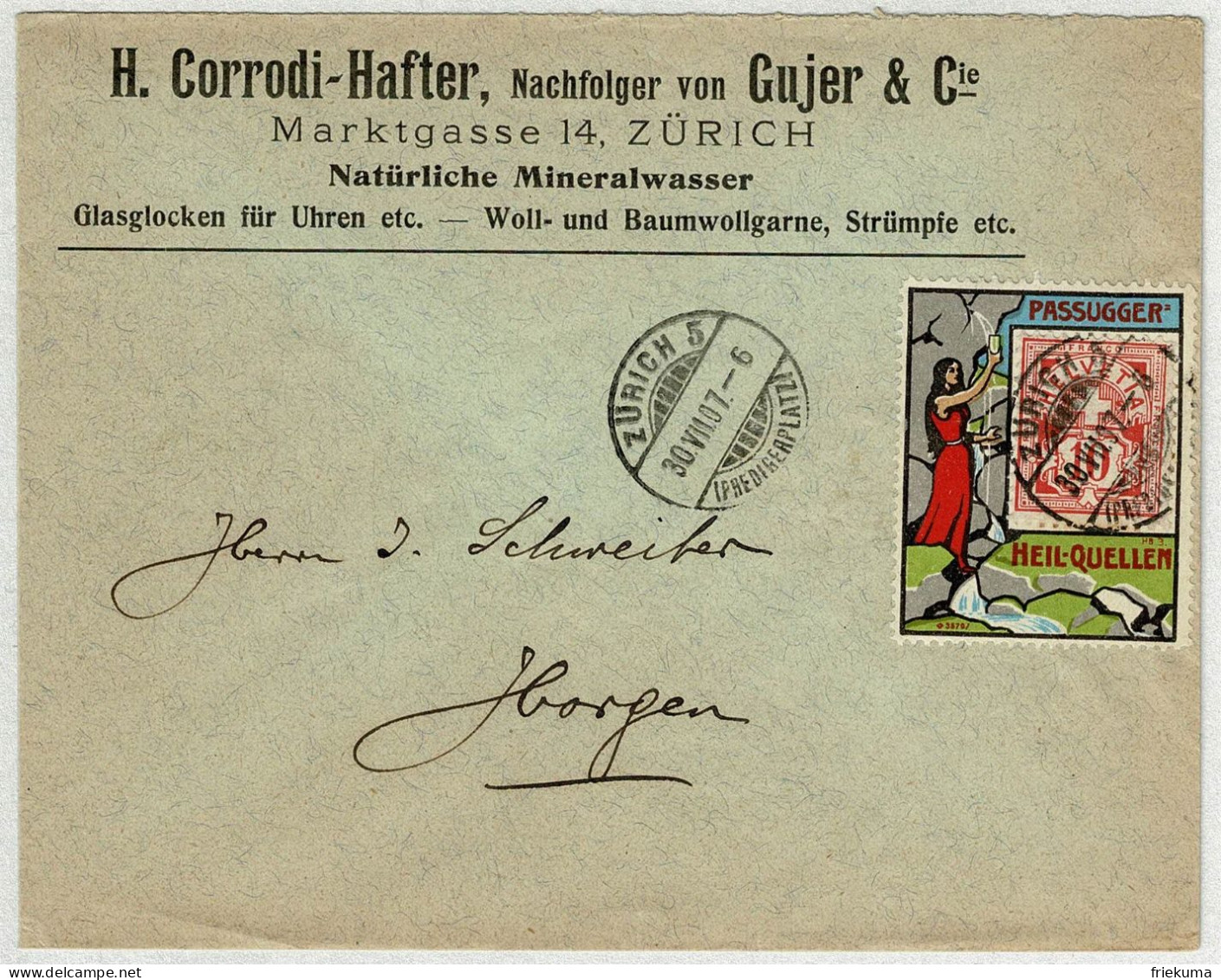 Schweiz 1907, Kreuz Und Wertziffer, Brief Zürich - Horgen, Trägervignette Passugger Heilquellen, Mineralwasser - Lettres & Documents