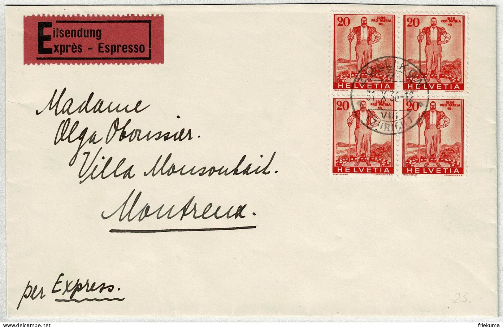 Schweiz 1936, Zuschlagsmarken Wehranleihe Pro Patria, Brief Express Zollikon - Montreux - Cartas & Documentos