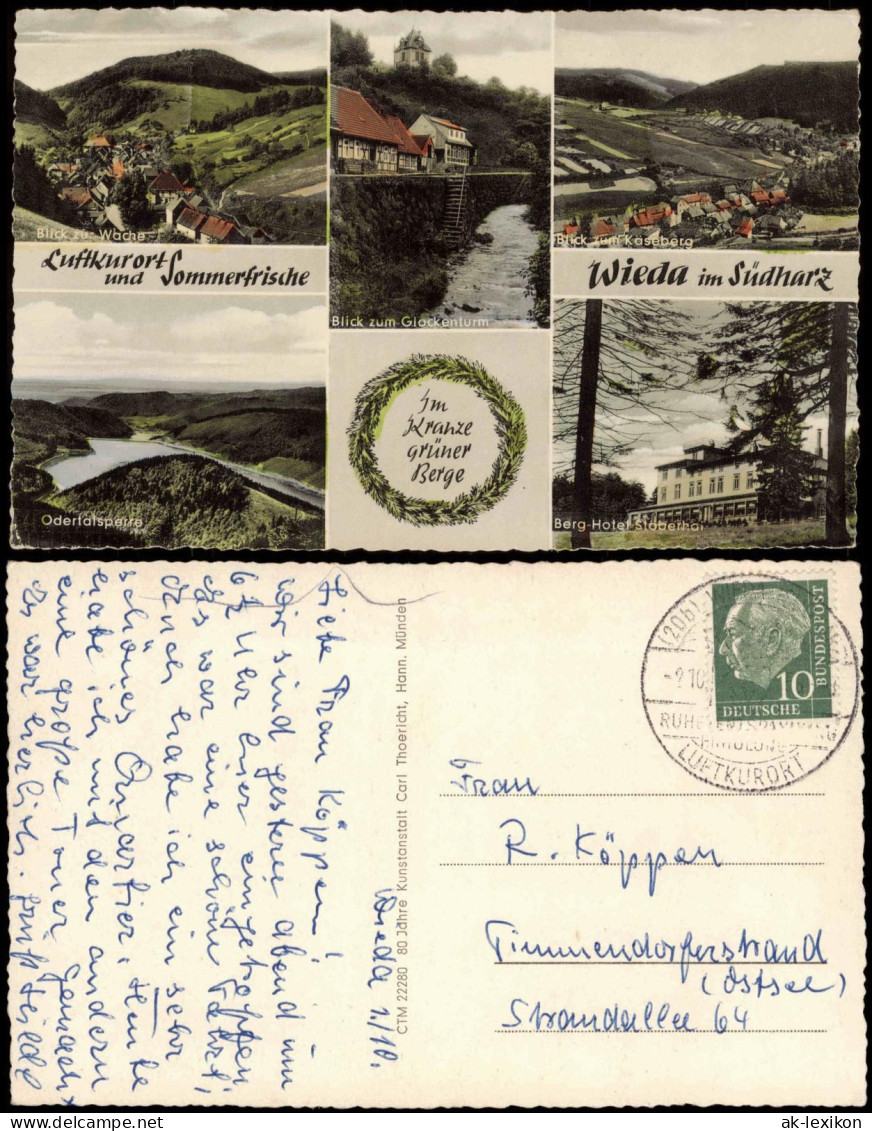 Ansichtskarte Wieda (Harz) MB: Glockenturm, Käseberg, Hotel Stoberhai 1959 - Autres & Non Classés