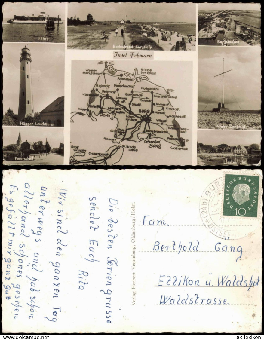 Fehmarn (Insel) Mehrbildkarte Mit Fähre, Badestrand U. Umgebungskarte 1960 - Sonstige & Ohne Zuordnung