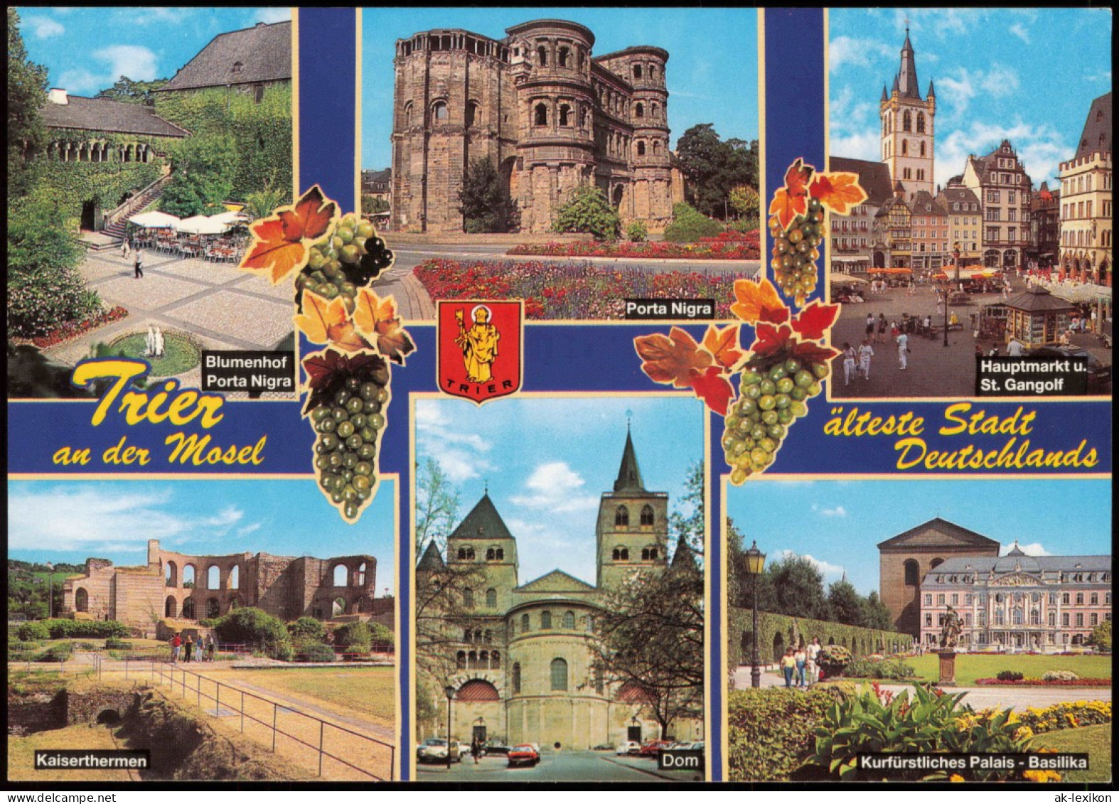 Trier Mehrbild-AK Stadtteilansichten Blumenhof Porta Nigra Kaiserthermen 1991 - Trier