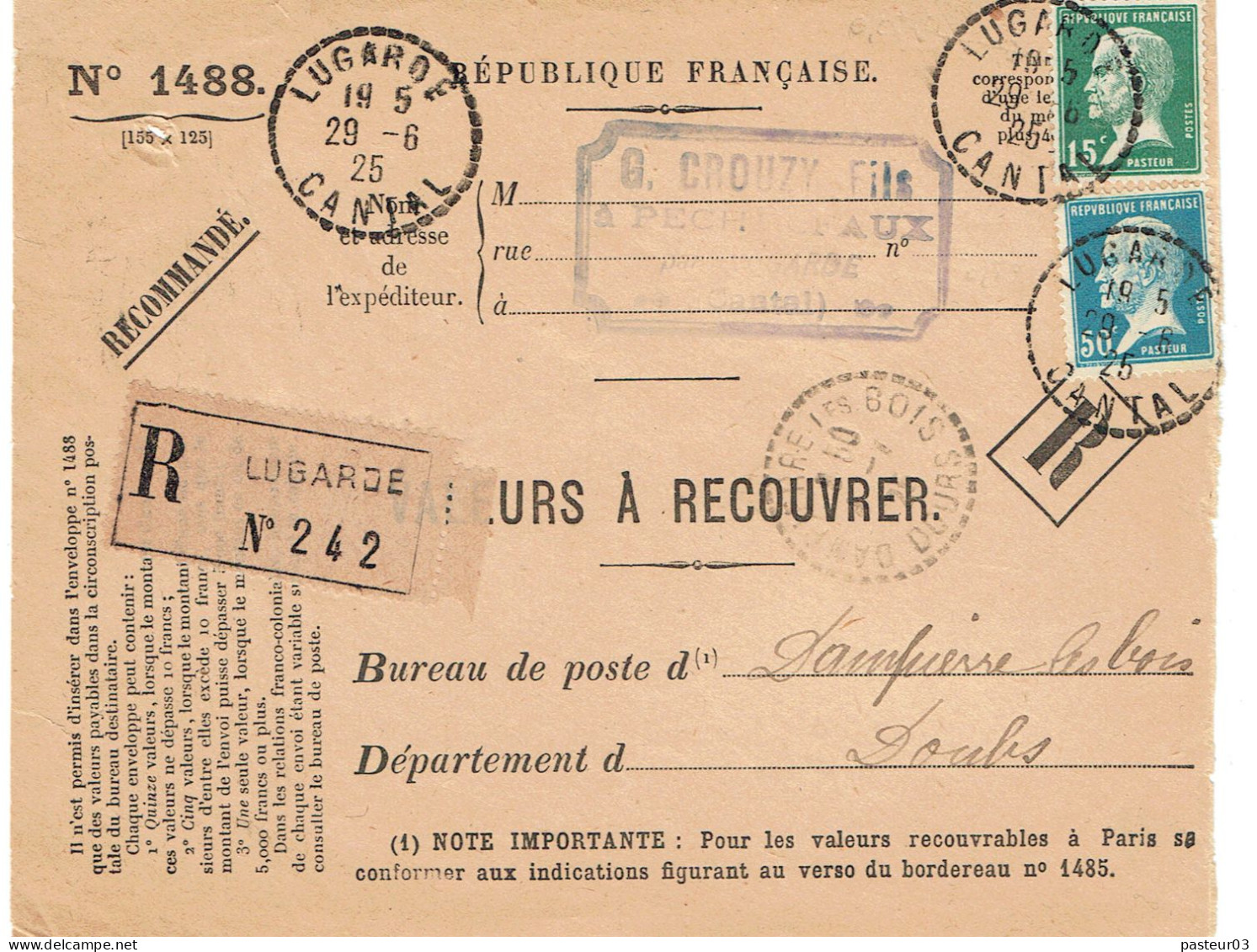 171  Pasteur 15 C. + 176 (48) Pasteur 50 C. Bleu  Taxe Valeur à Recouvrer (devant Lettre) Tarifs Postaux Du 25-03-1924 - 1922-26 Pasteur