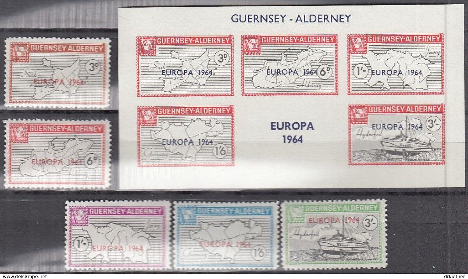 INSEL ALDERNEY (Guernsey), Nichtamtl. Briefmarken, Block + 5 Marken, Ungebraucht **, Europa 1964, Tragflächenboot - Alderney