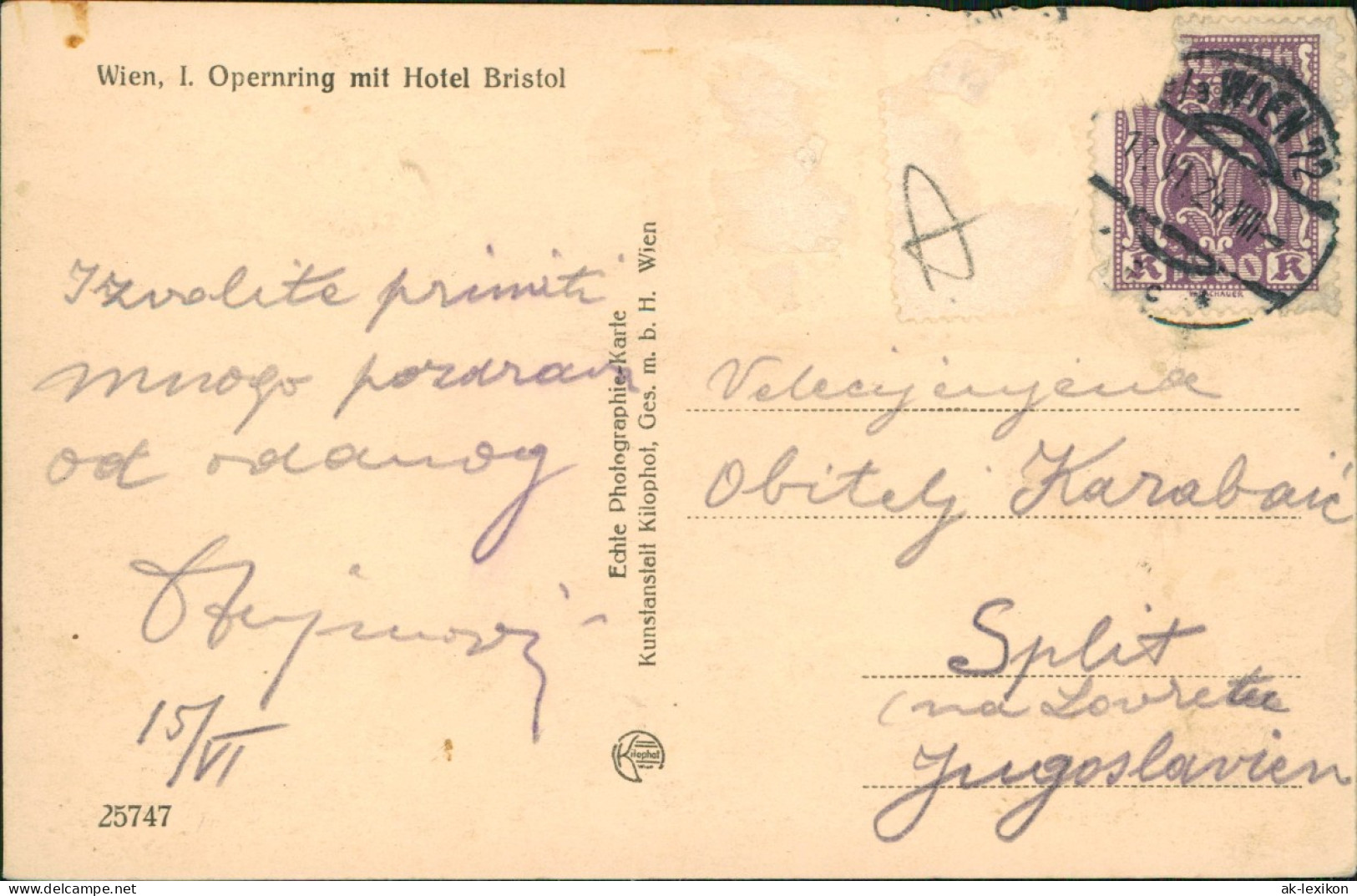 Ansichtskarte Wien Opernring Mit Hotel Bristol, Straßenbahn 1924 - Other & Unclassified