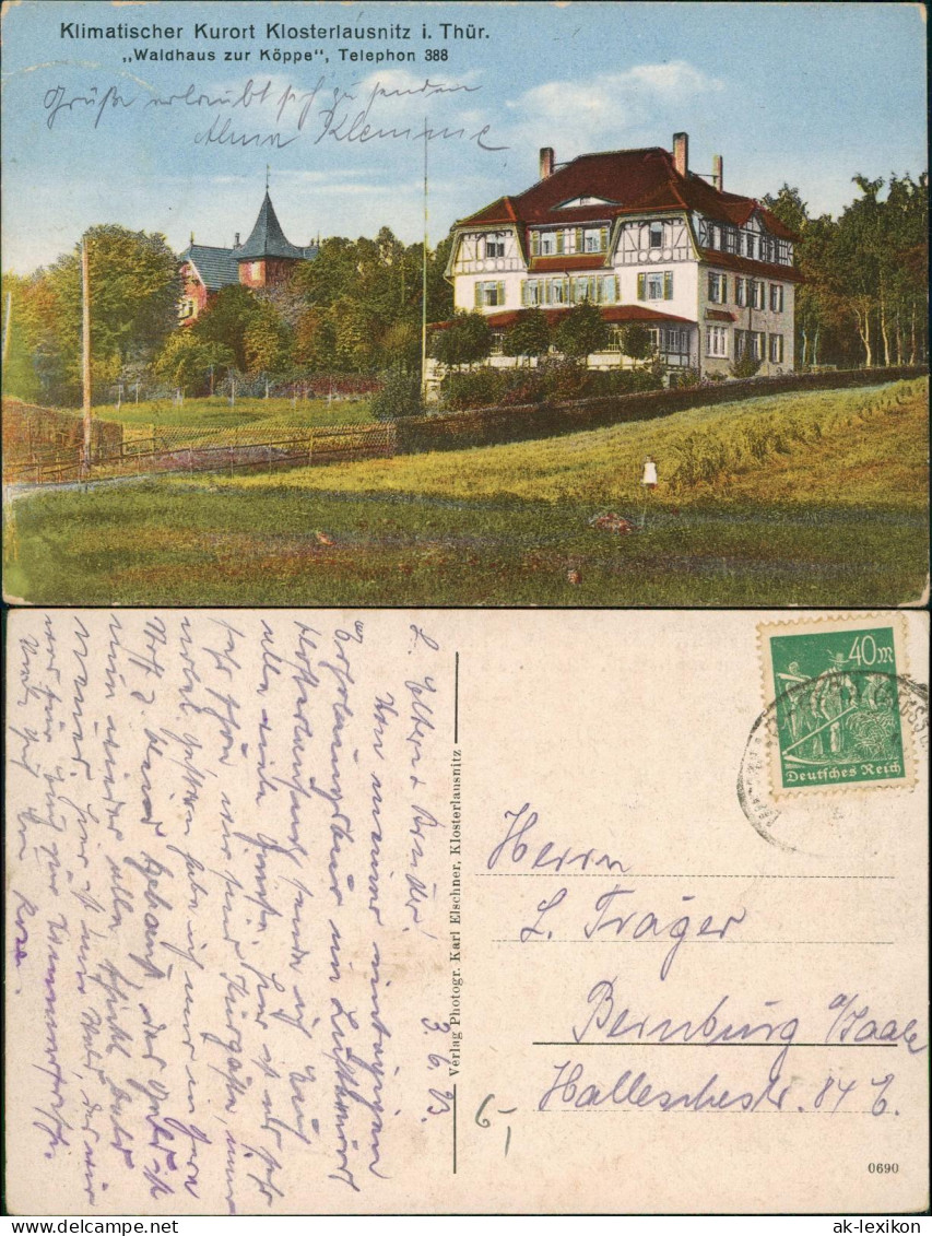 Klosterlausnitz Kurhotel Waldhaus Zur Köppe 1923  Vorinfla 40 Mark Gel Bahnpost - Bad Klosterlausnitz