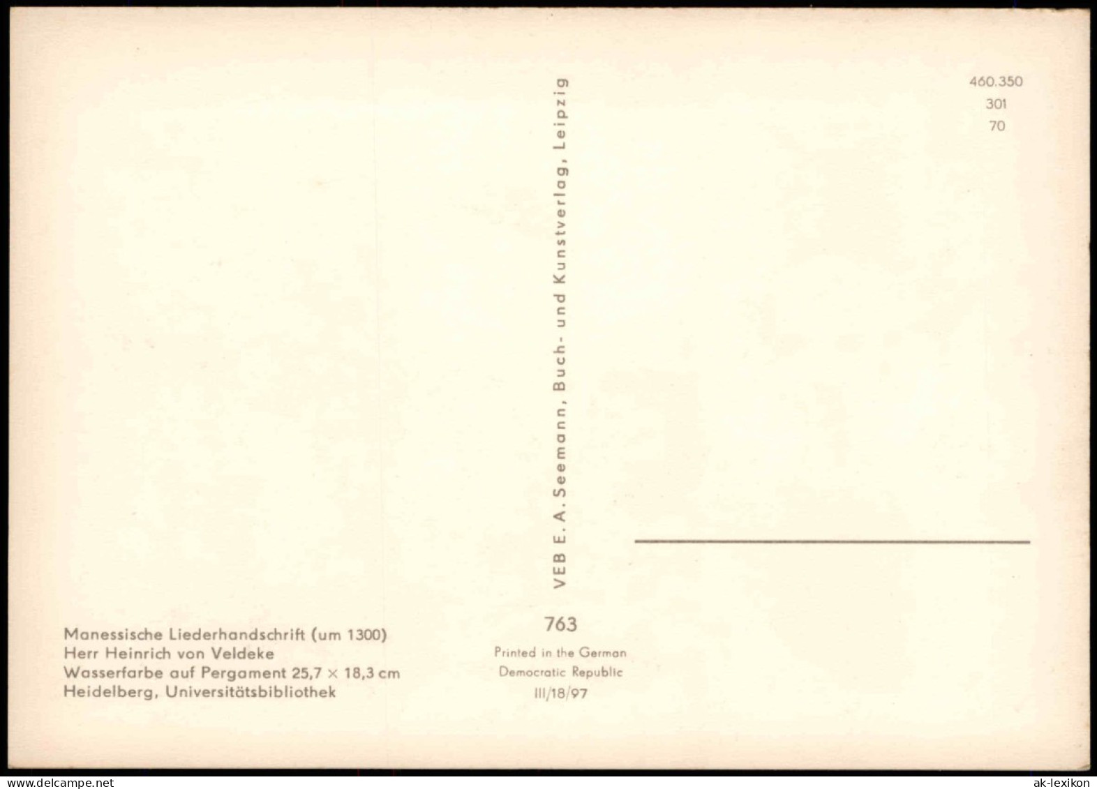 DDR Künstlerkarte Manessische Liederhandschrift  Herr Heinrich Von Veldeke 1970 - Malerei & Gemälde