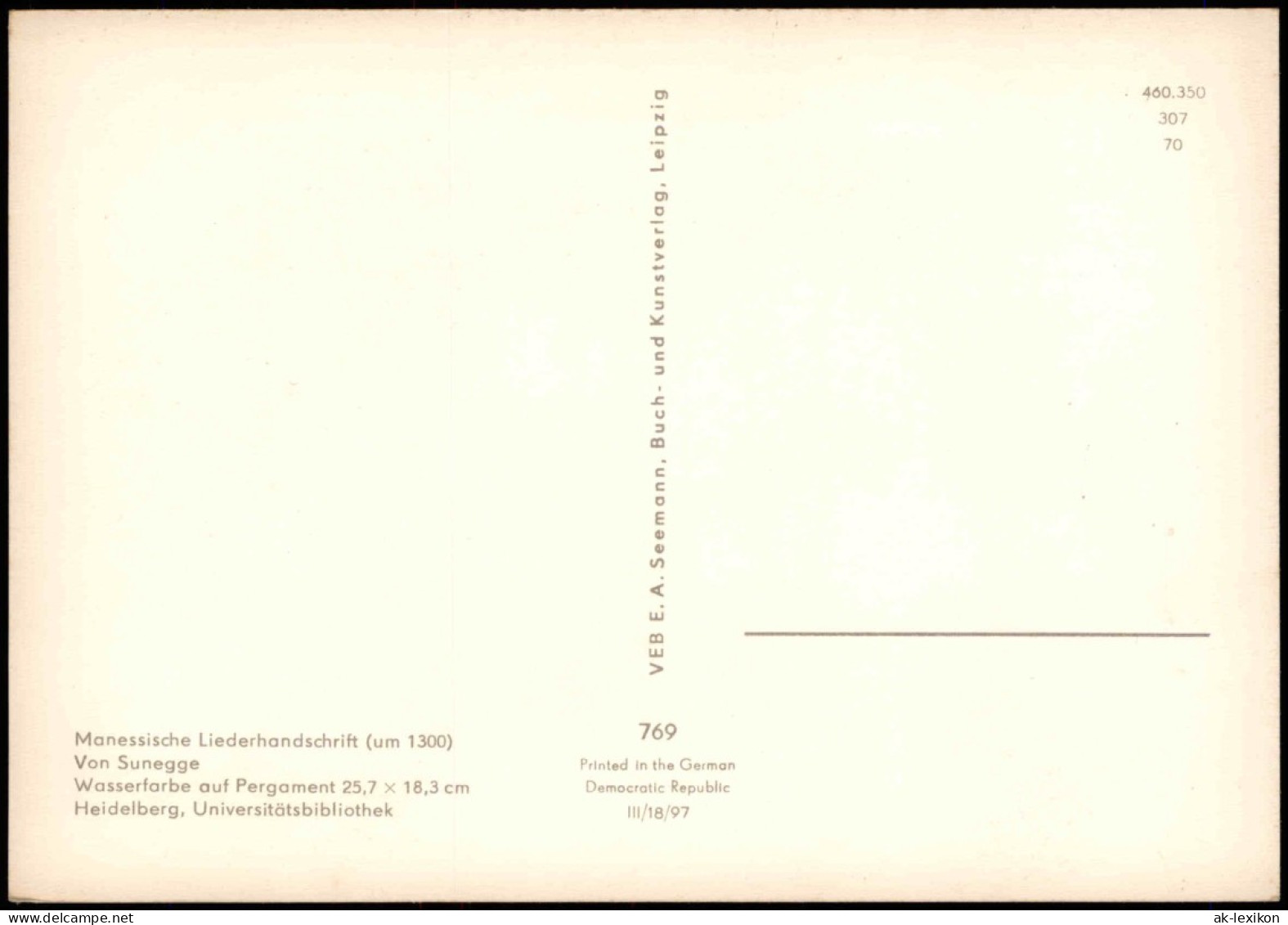 DDR Künstlerkarte: Manessische Liederhandschrift (um 1300) Von Sunegge 1970 - Peintures & Tableaux