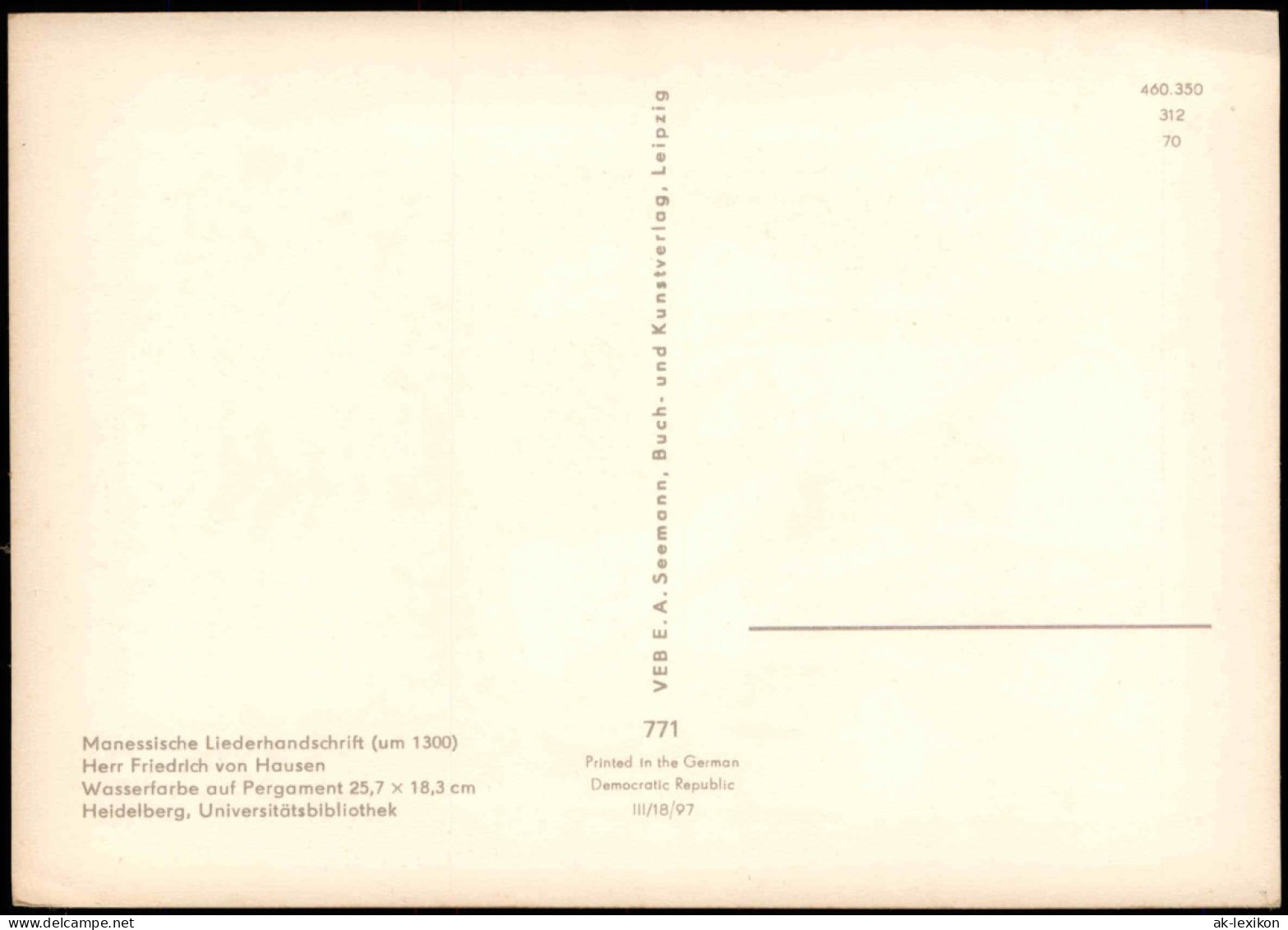 DDR Künstlerkarte: Manessische Liederhandschrift Herr Friedrich Von Hausen 1970 - Peintures & Tableaux