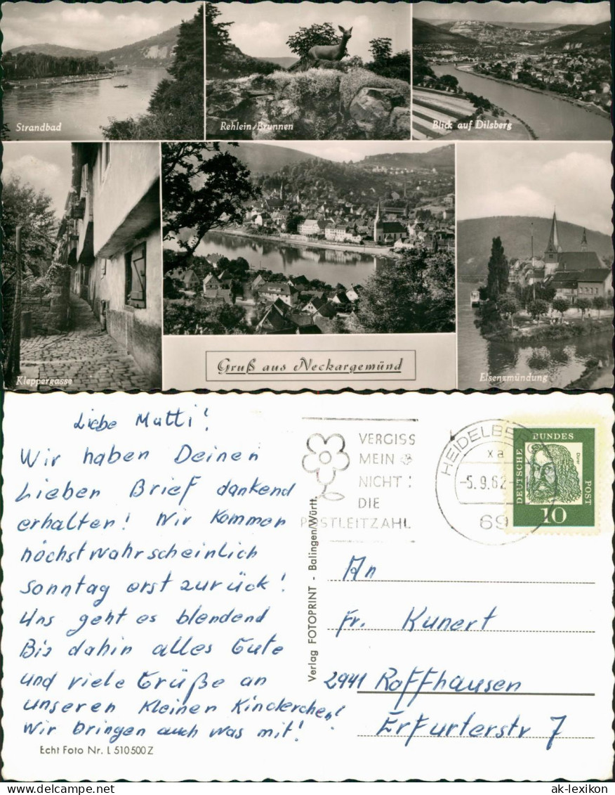 Neckargemünd Mehrbild-AK U.a. Strandbad, Dilsberg, Kleppergasse Uvm. 1962 - Neckargemuend