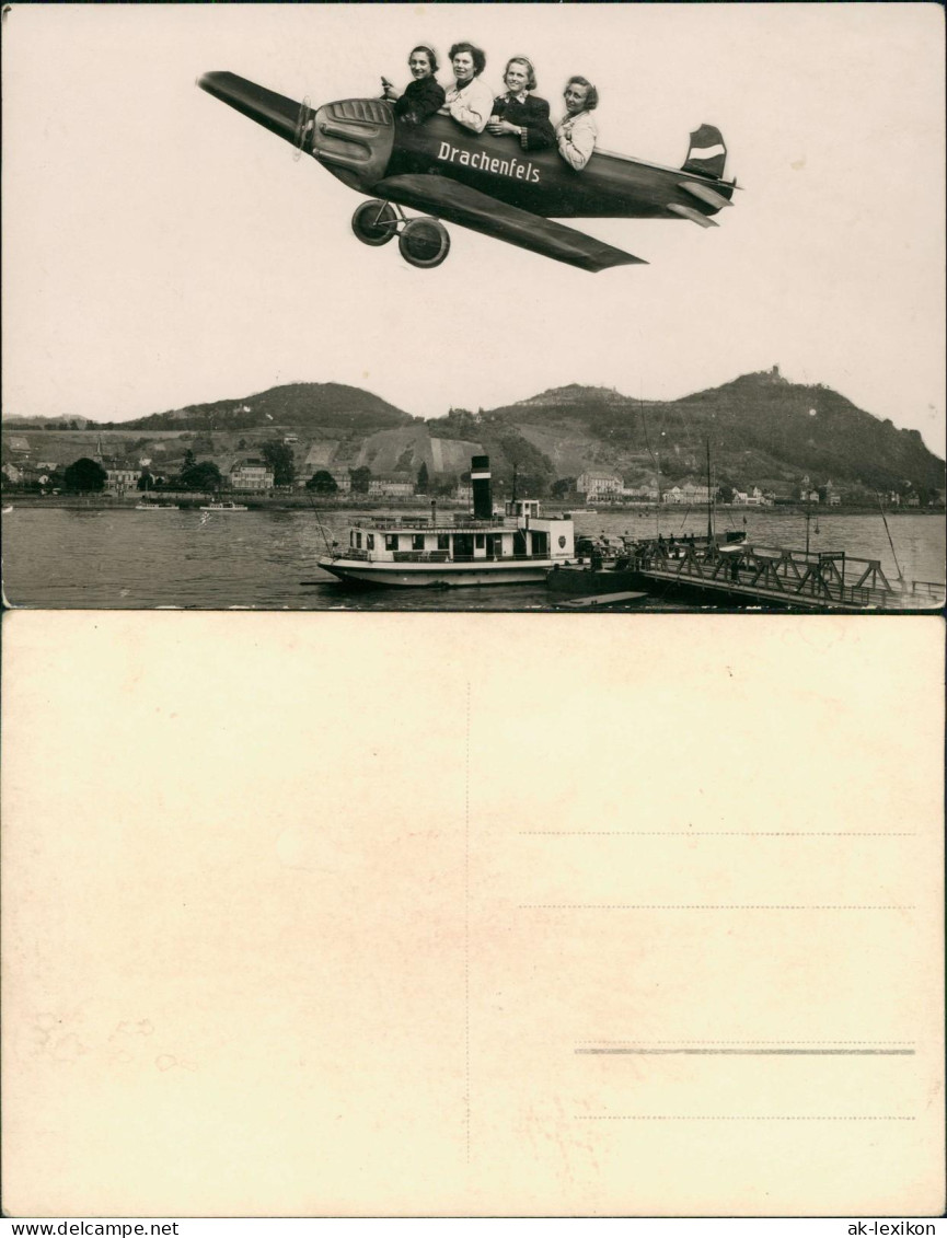 Ansichtskarte Königswinter Drachenfels, Flugzeug, Fähre - Fotomontage 1961 - Königswinter