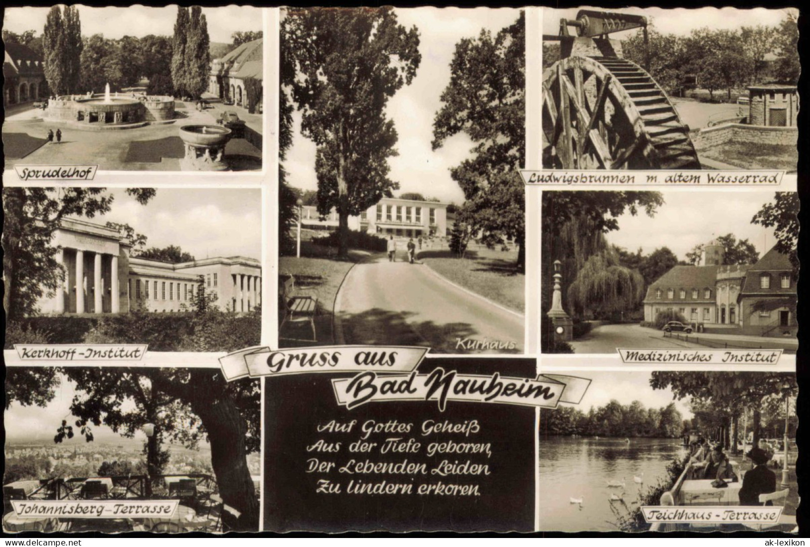 Ansichtskarte Bad Nauheim MB: Sprudelhof, Teichhaus-Terrasse, Wasserrad 1964 - Bad Nauheim