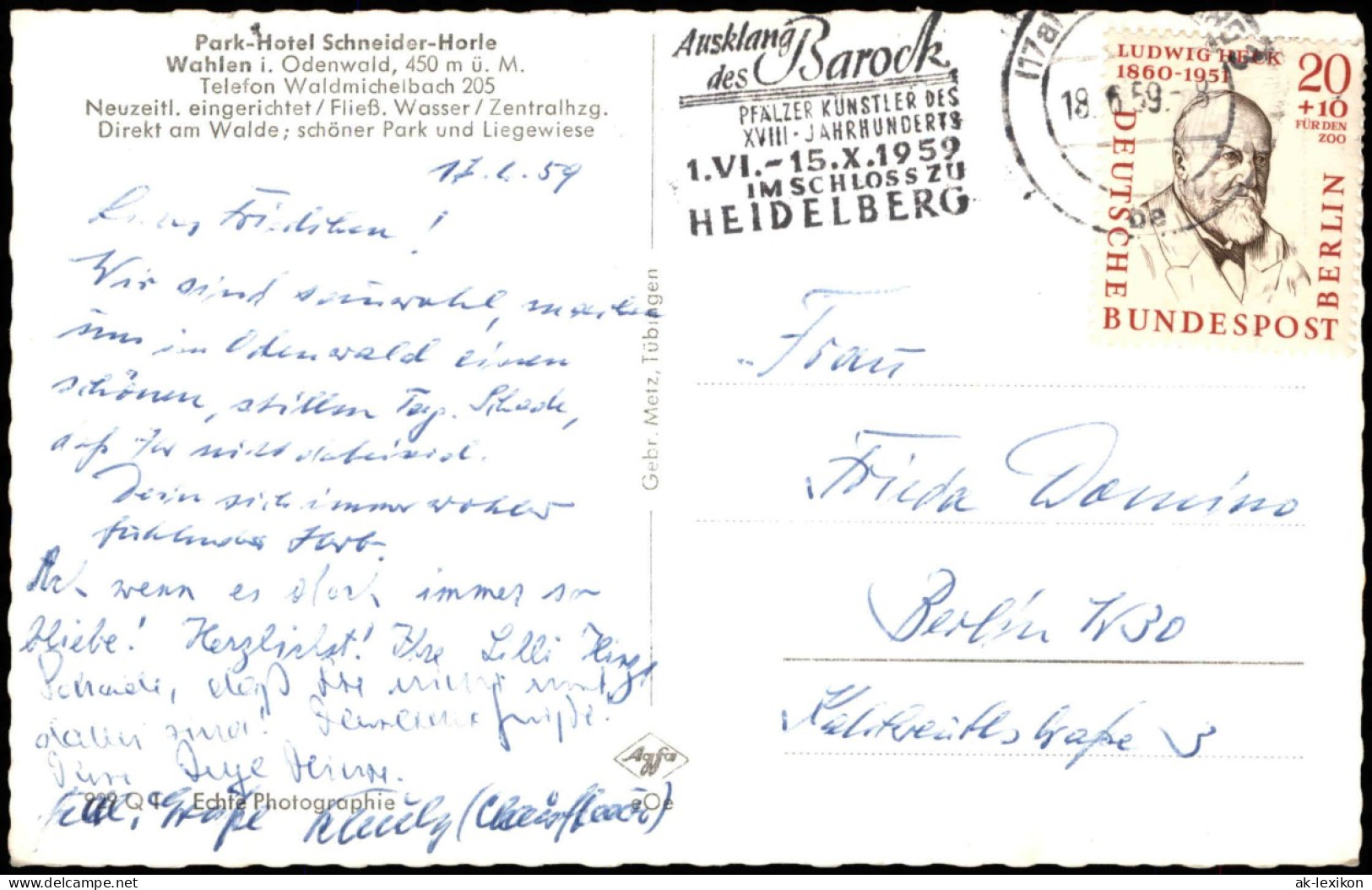 Ansichtskarte Wahlen (Odenwald)-Grasellenbach Park-Hotel Schneider-Horle 1959 - Other & Unclassified