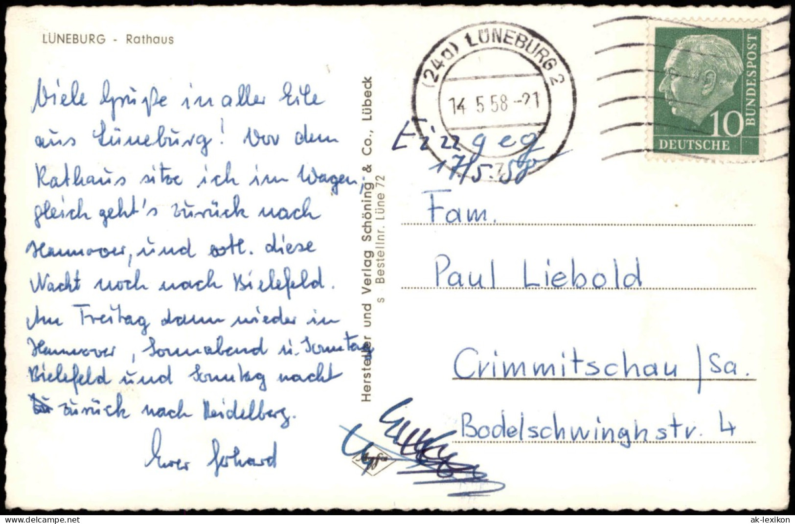 Ansichtskarte Lüneburg Rathaus 1958  Gel. Stempel Lüneburg 2 - Lüneburg