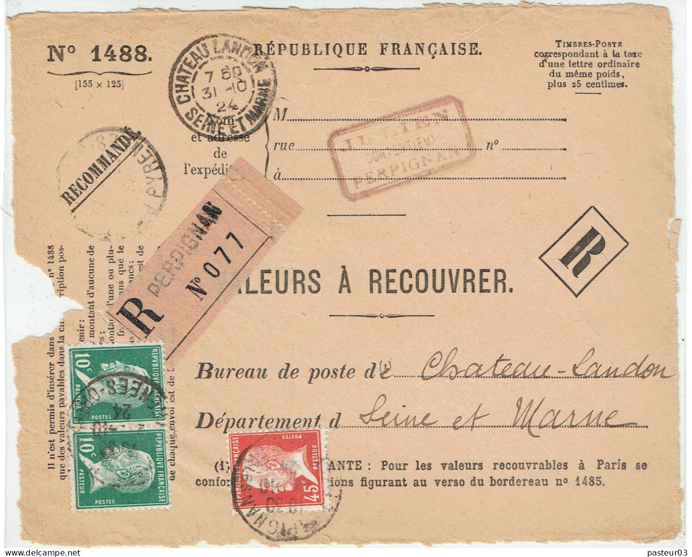 170 X 2  Pasteur 10 C. + 175 (44)Pasteur 45 C. Rouge Taxe Valeur à Recouvrer (devant Lettre)Tarifs Postaux Du 25-03-1924 - 1922-26 Pasteur