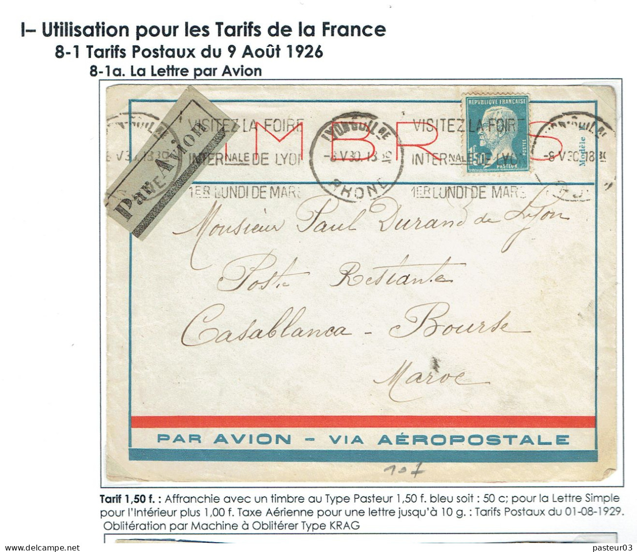 181 Pasteur 1,50 F. Bleu (152) Lettre Par Avion Pour Le Maroc Tarifs Du 09-08-1926 Par Aéropostale - 1922-26 Pasteur
