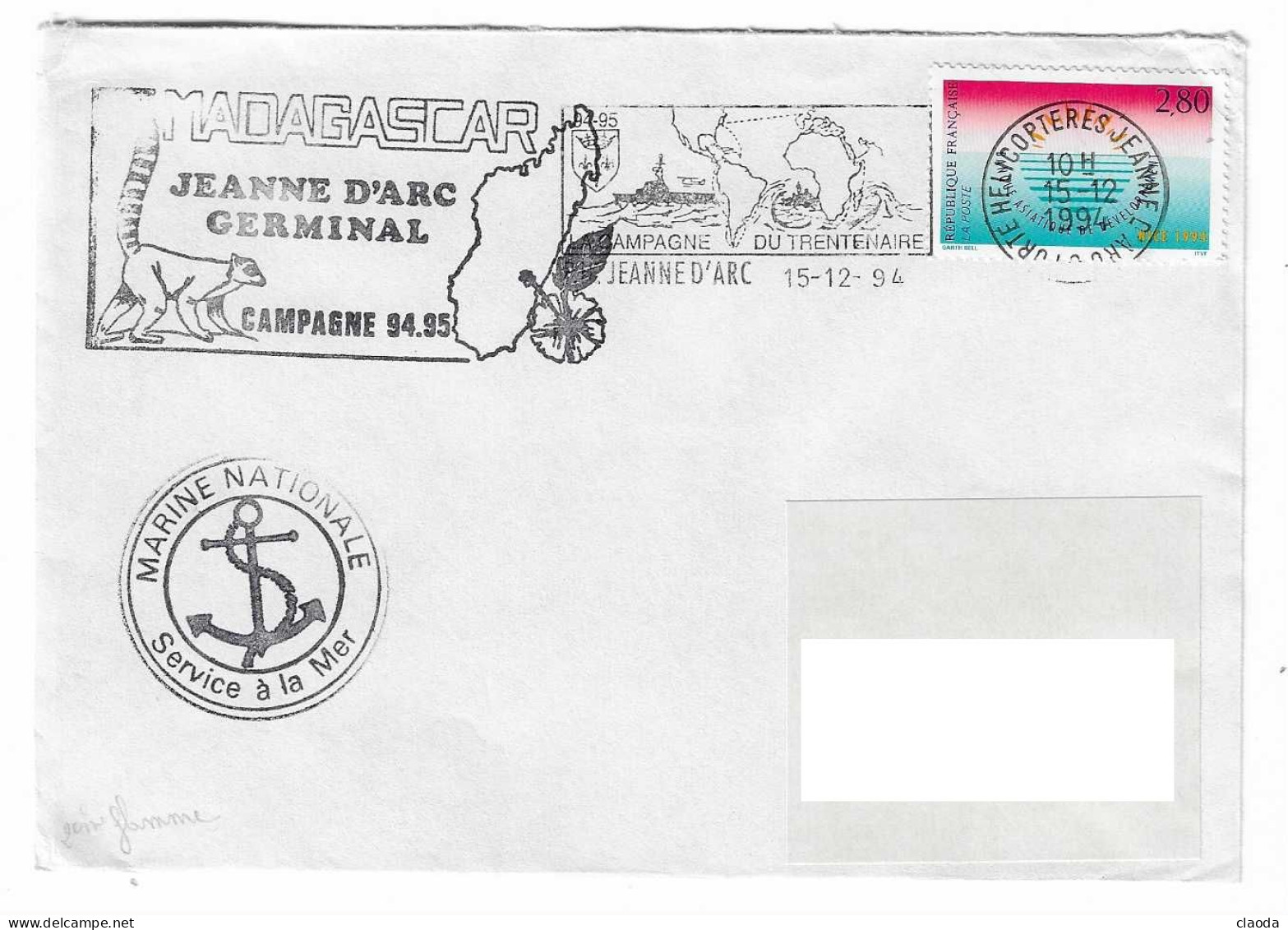 190 JDA -PORTE-HÉLICOPTÈRES JEANNE D'ARC - FS GERMINAL - CAMPAGNE1994-1995   - ESCALE DE MADAGASCAR - Posta Marittima