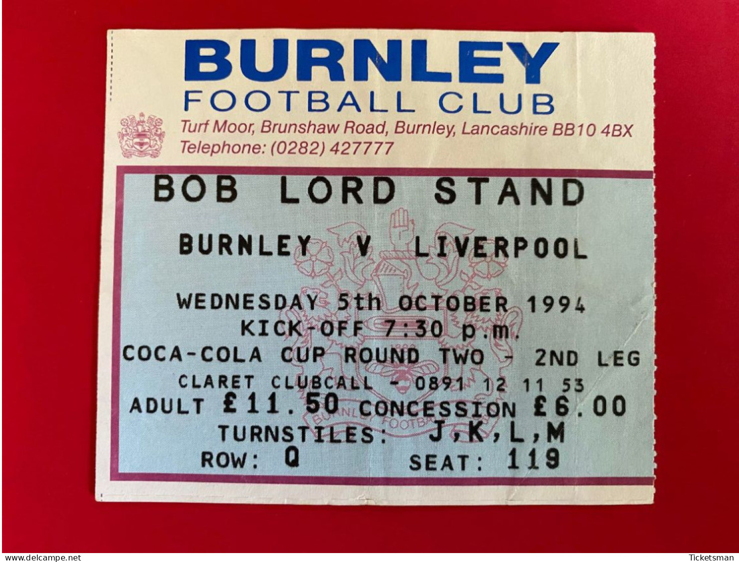 Football Ticket Billet Jegy Biglietto Eintrittskarte Burnley FC - Liverpool FC 05/10/1994 - Eintrittskarten