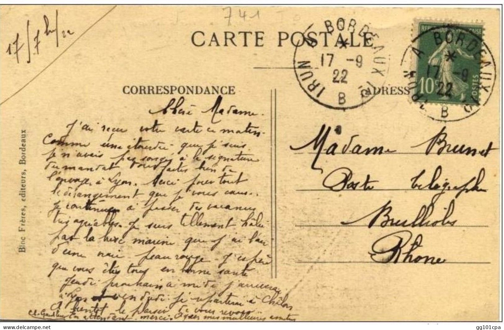 Cachet Ambulant "IRUN A BORDEAUX 1° 1922" Semeuse Frappe SUPERBE LUXE - Paiement Par MANGOPAY Uniquement - Bahnpost