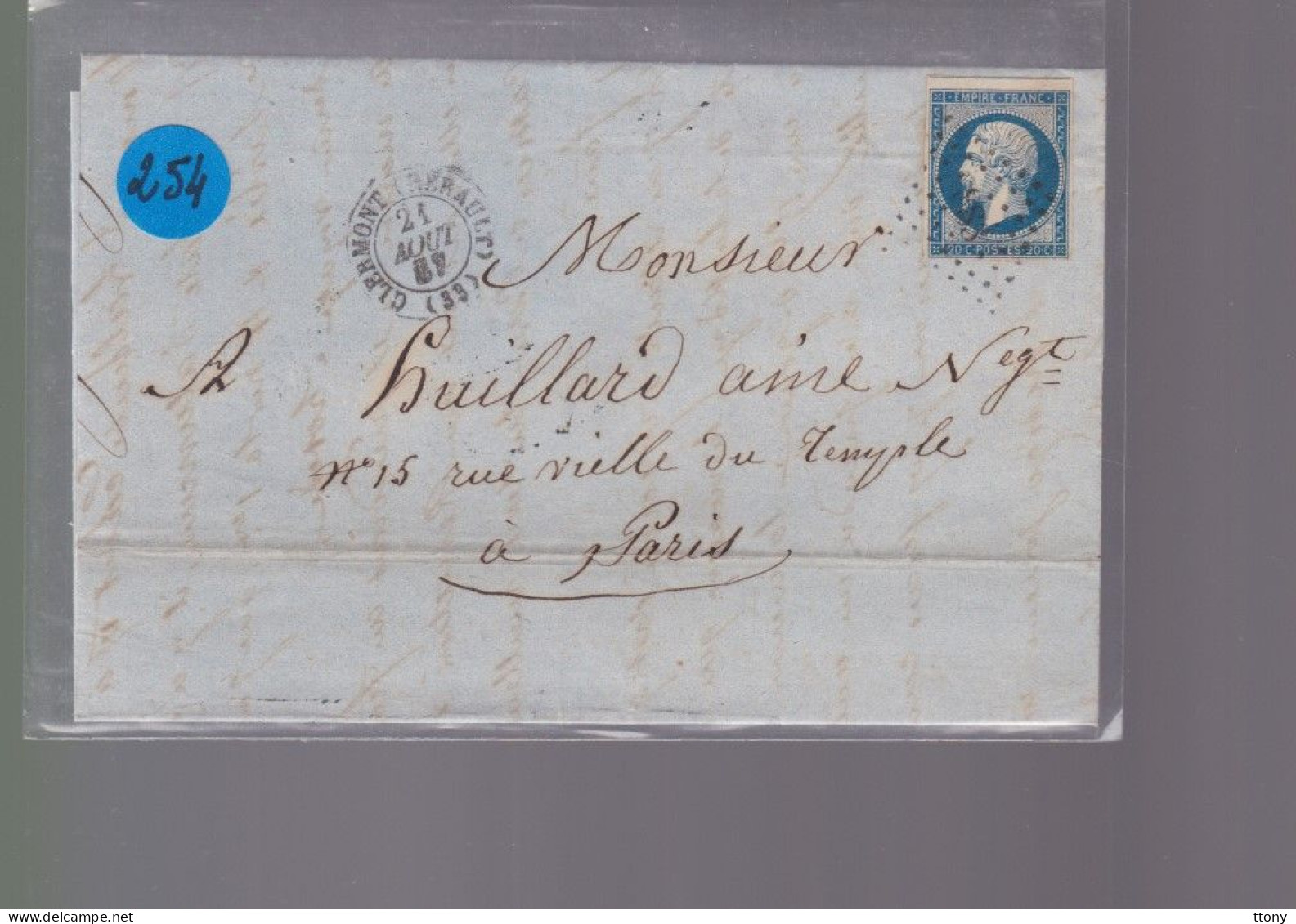 Un  Timbre  Napoléon III   N°  14     20 C Bleu   Sur  Lettre      1854   Destination    Grandvilliers - 1849-1876: Période Classique