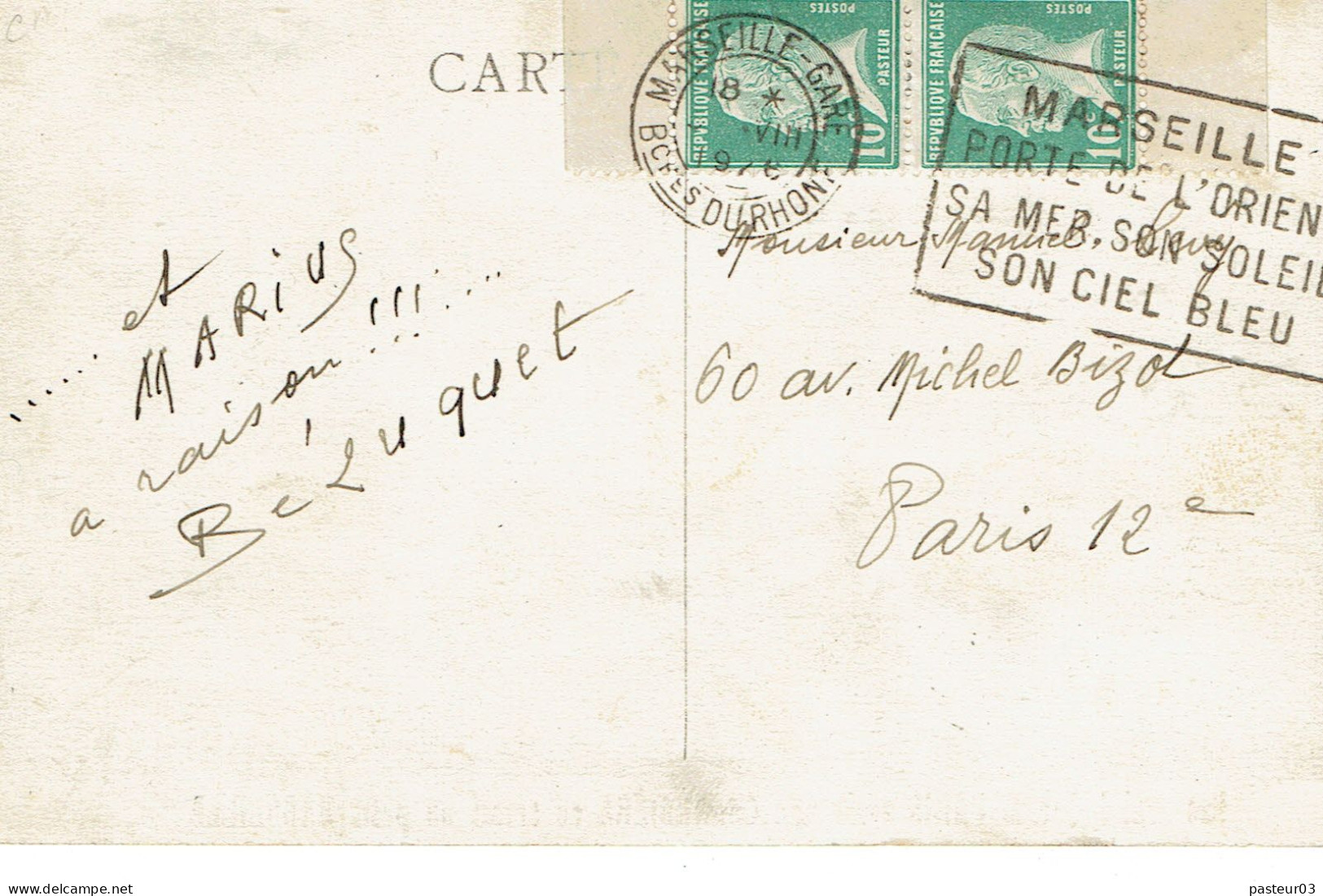 170 X 2 (45) Pasteur 10 C. Provenant De Carnet Avec Bandelette RARE Tarifs Du 01-05-1926 (court) CP < à 5 Mots - 1922-26 Pasteur