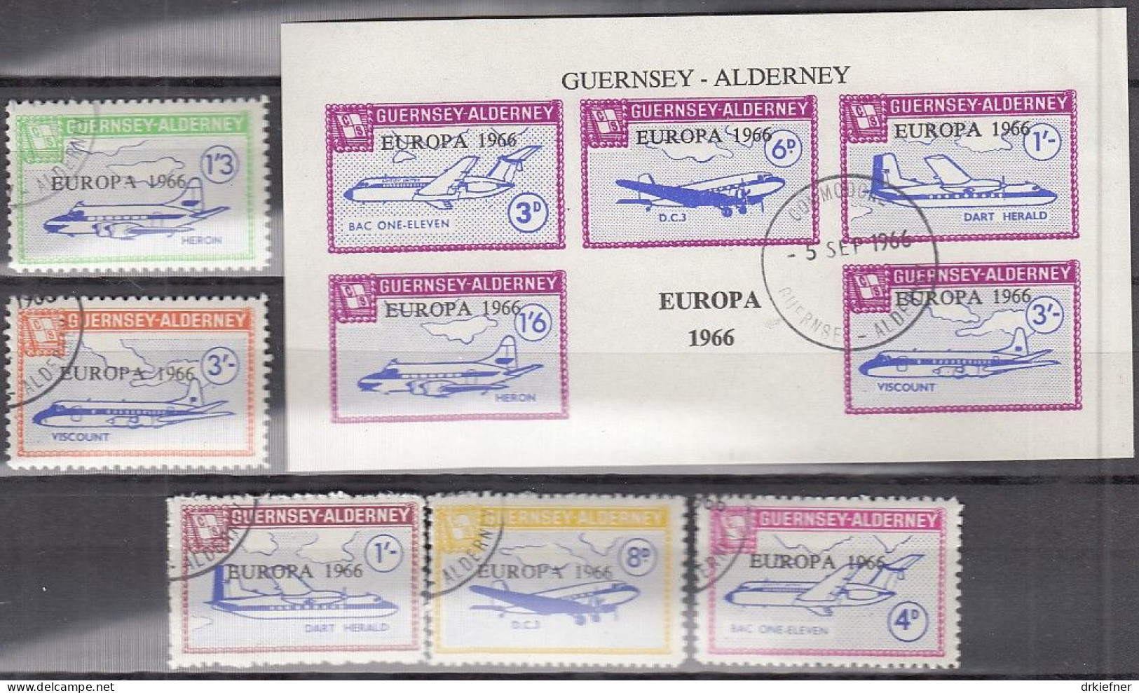 INSEL ALDERNEY (Guernsey), Nichtamtl. Briefmarken, 1 Block + 5 Marken, Gestempelt, Europa 1966, Flugzeuge, Luftfahrt - Alderney