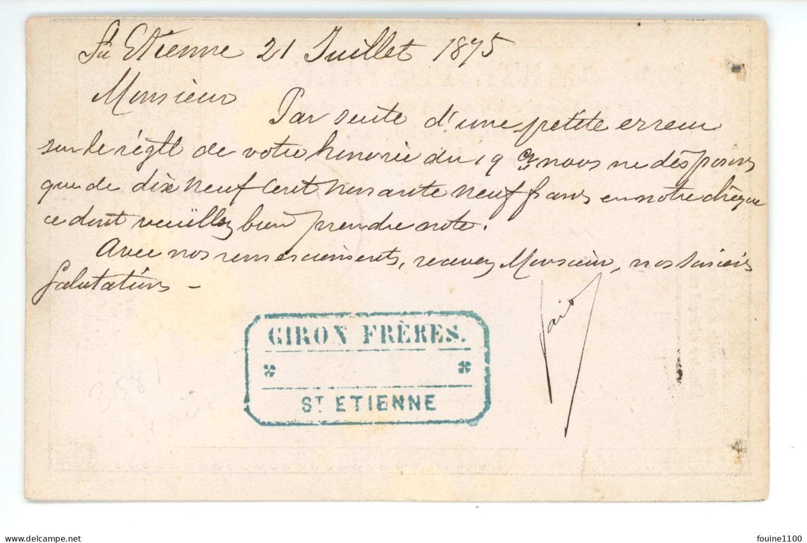 CARTE PRECURSEUR Envoi De GIRON Frères à SAINT ETIENNE 42 LOIRE Pour BLOCH 20 Boubevard Saint Denis à PARIS - 1849-1876: Klassik