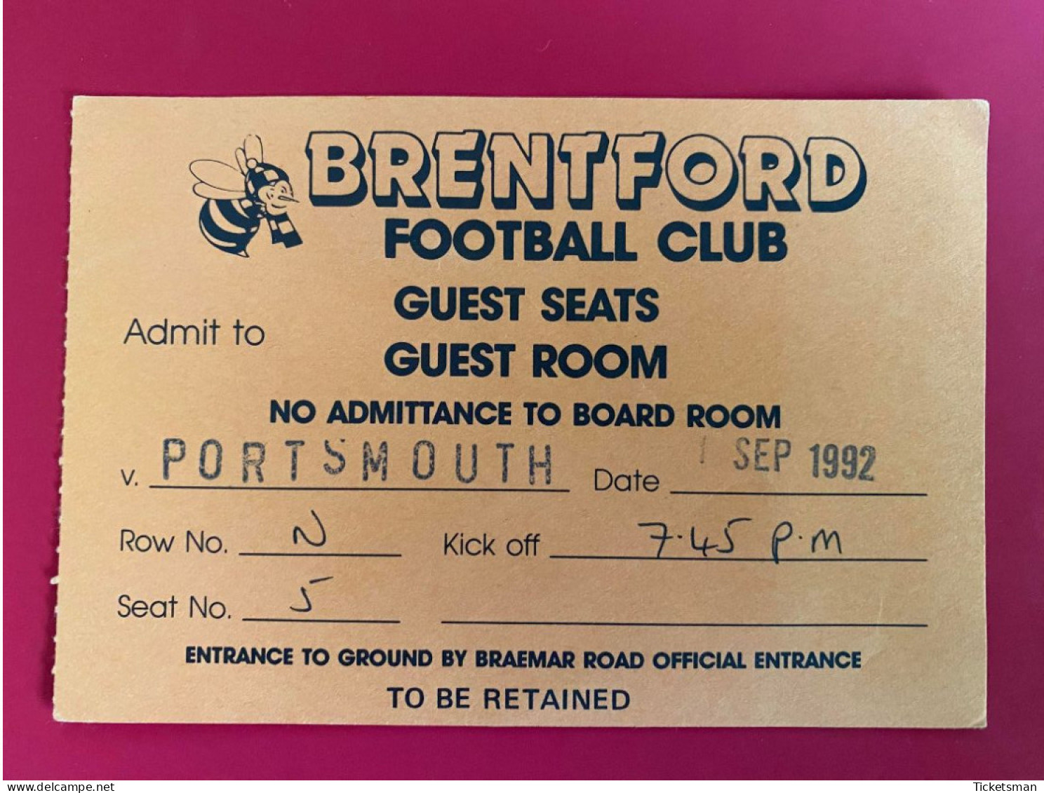 Football Ticket Billet Jegy Biglietto Eintrittskarte Brentford FC - Portsmouth 01/09/1992 - Eintrittskarten