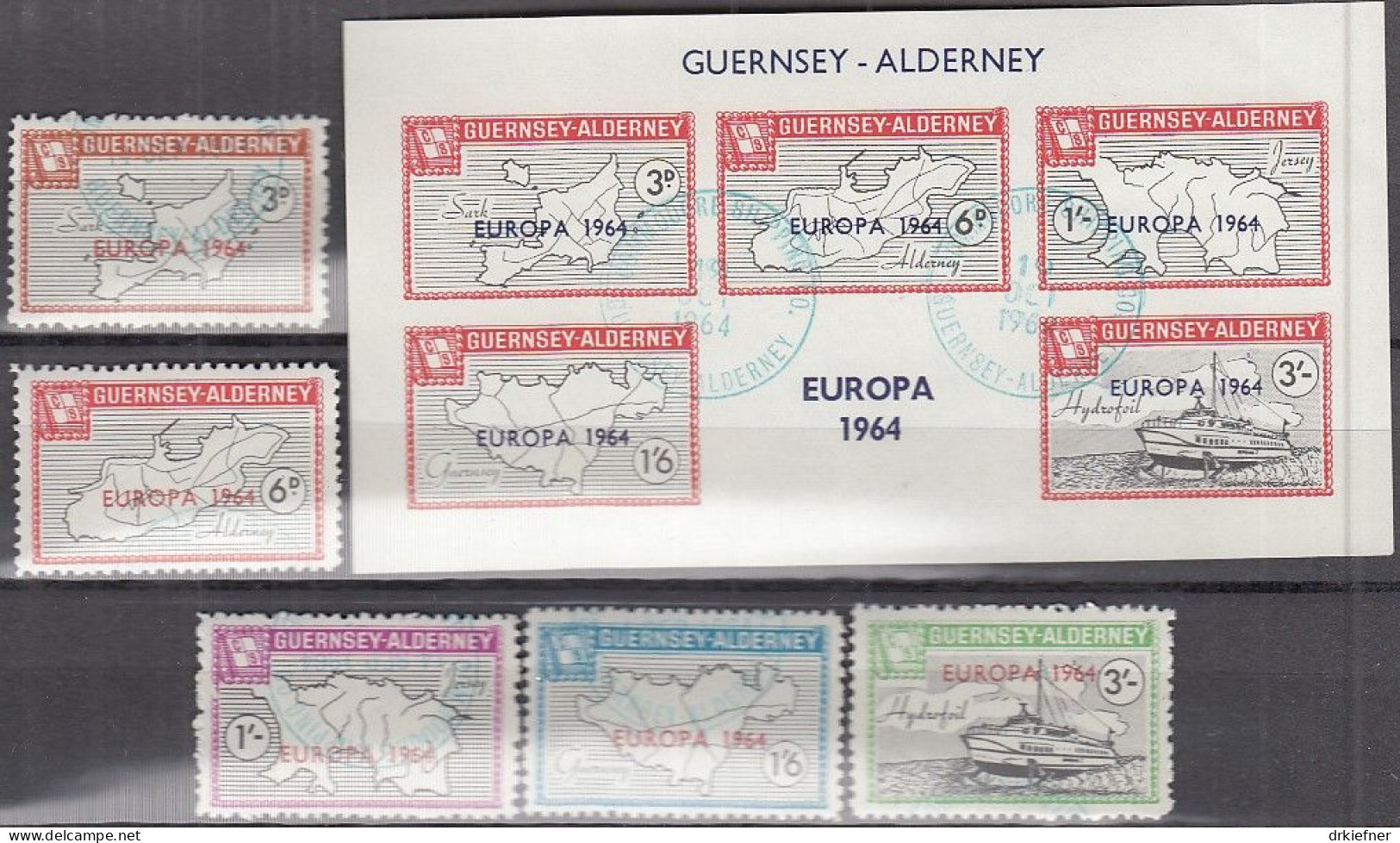 INSEL ALDERNEY (Guernsey), Nichtamtl. Briefmarken, Block + 5 Marken, Gestempelt, Europa 1964, Tragflächenboot - Alderney