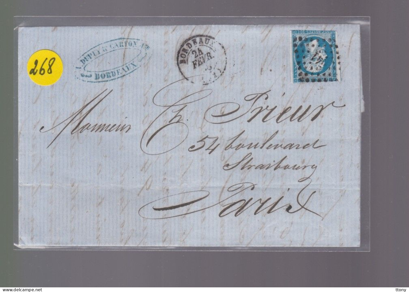 Un  Timbre  Napoléon III   N°  14     20 C Bleu   Sur  Lettre   Départ Bordeaux    1858   Destination    Paris - 1849-1876: Klassik