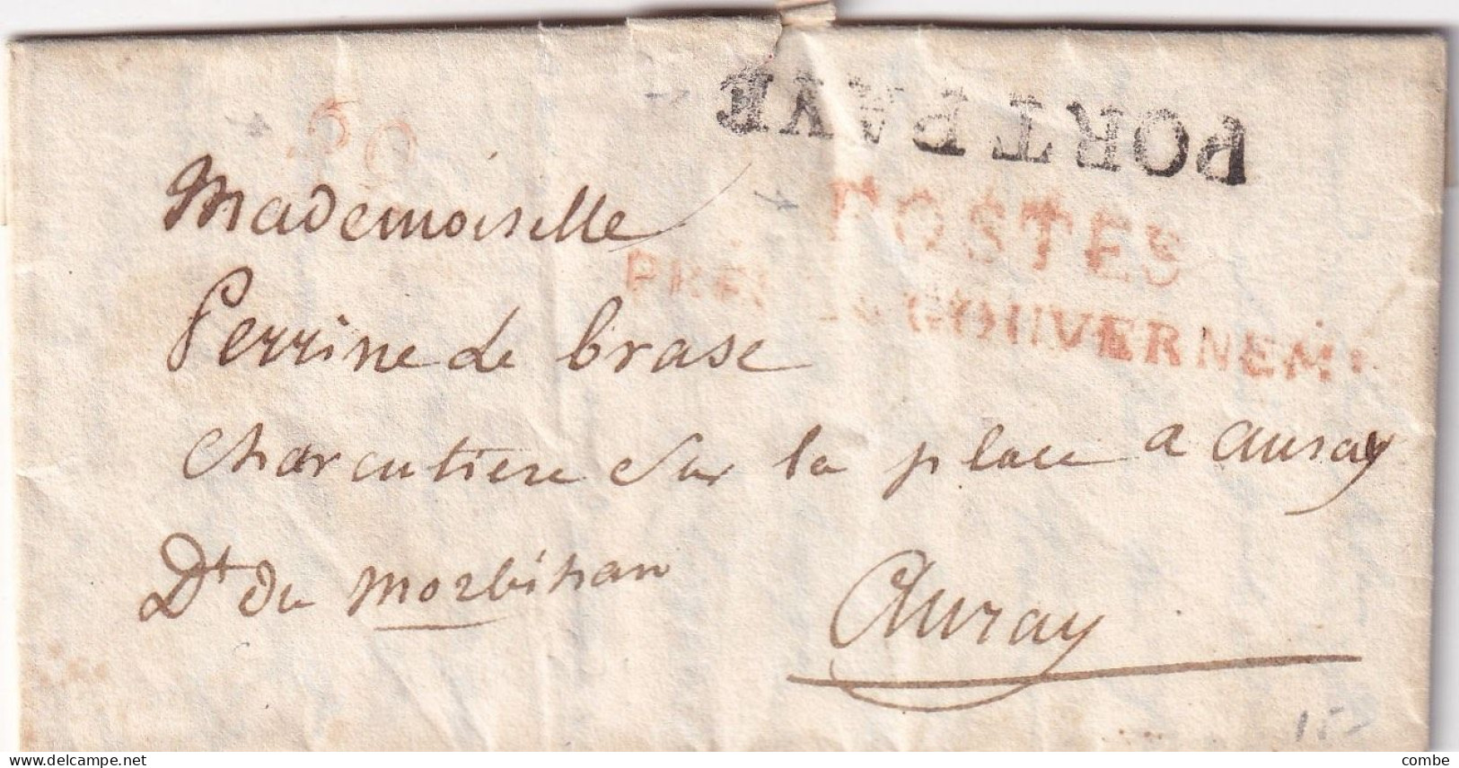 LETTRE. AUX ECURIES DU ROI PLACE DU CARROUSEL. POSTES PRES LE GOUVERNEMENT. PORT PAYÉ. 60 Rouge. POUR AURAY - 1801-1848: Voorlopers XIX