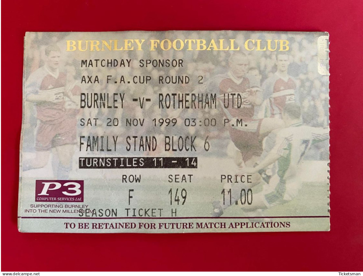 Football Ticket Billet Jegy Biglietto Eintrittskarte Burnley FC - Rotherham Utd 20/11/1999 - Tickets D'entrée