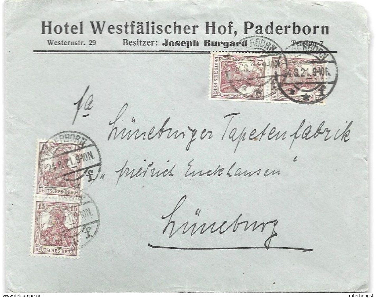 Hotel In Paderborn Infla Letter  24.8.1921 (nice Very Light Colour Tone For The Stamp) - Lettres & Documents