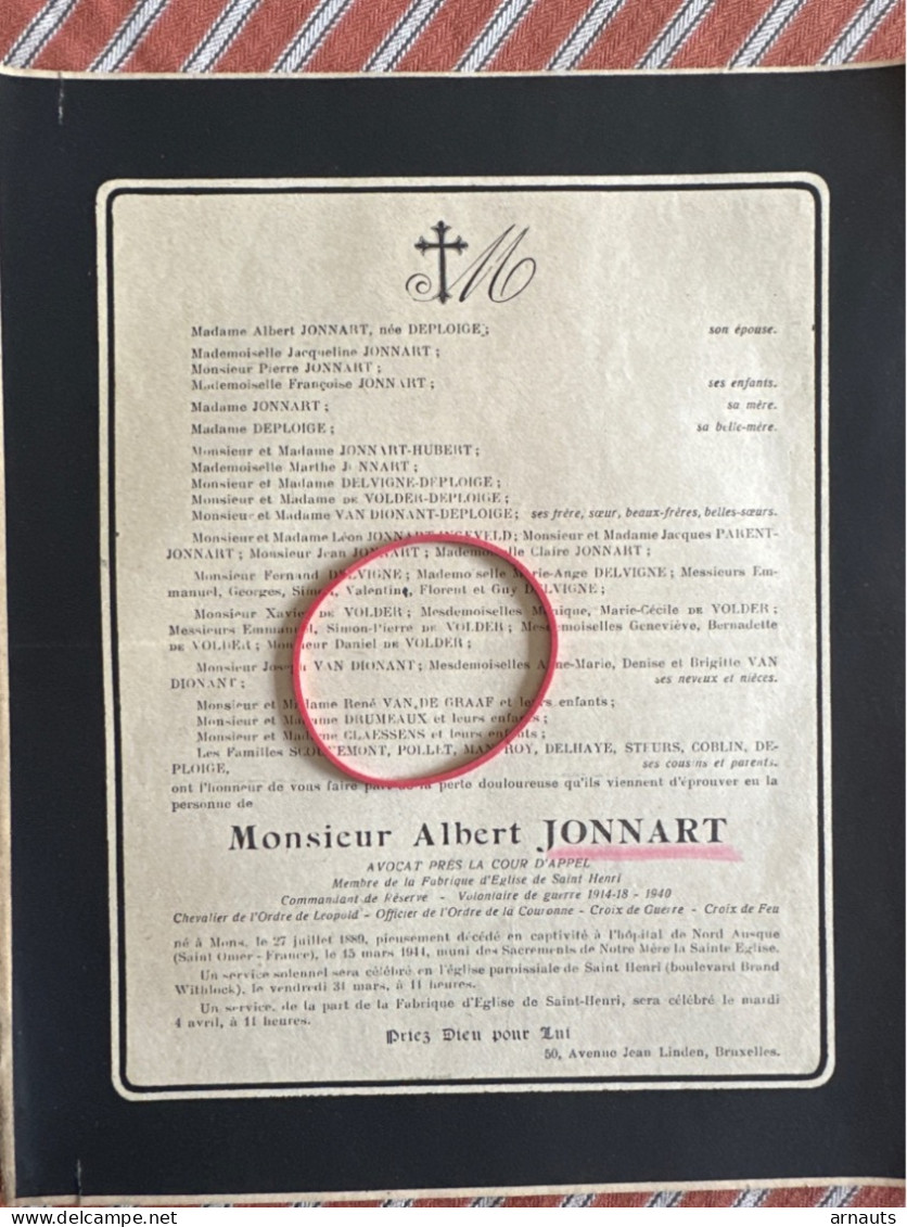 Monsieur Albert Jonnart Avocat Cour D’Appel *1889 Mons +1944 Captivite Hopital Nord Ausque Saint-Omer France WOII Guerre - Esquela
