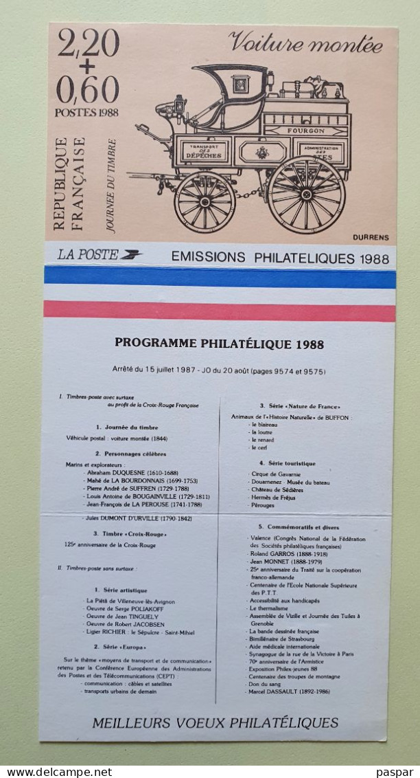 Calendrier Prévisionnel Des émissions Philatéliques 1988 - JOURNÉE DU TIMBRE Voiture Montée - Documenti Della Posta