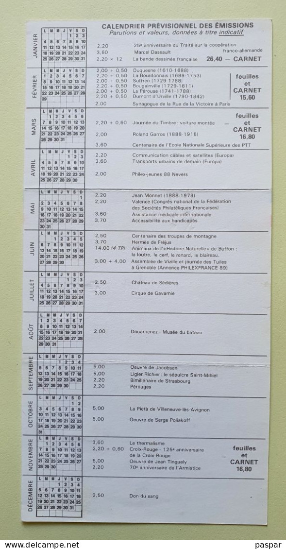 Calendrier Prévisionnel Des émissions Philatéliques 1988 - JOURNÉE DU TIMBRE Voiture Montée - Documentos Del Correo