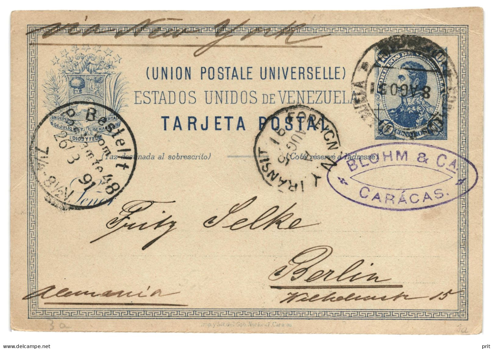 Venezuela 1891 10c Used UPU Postal Stationery Card From Caracas Via New York To Berlin Germany, Nice Postmarks - Venezuela