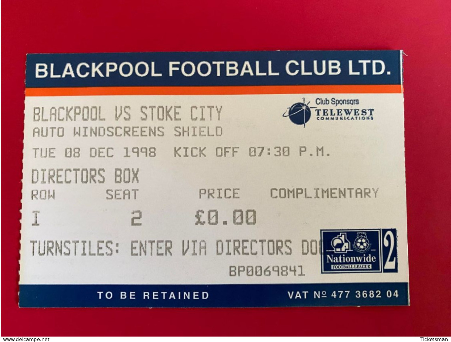 Football Ticket Billet Jegy Biglietto Eintrittskarte Blackpool FC - Stoke City 08/12/1998 - Tickets - Vouchers