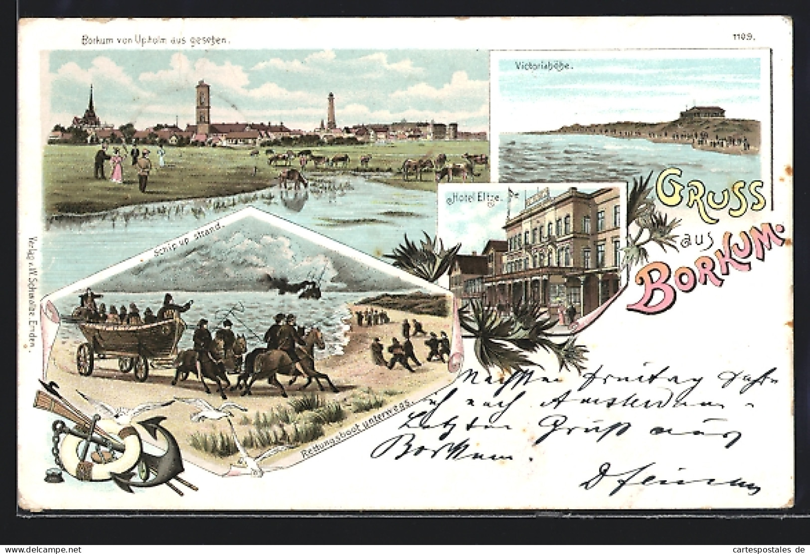 Lithographie Borkum, Ortsansicht, Hotel Eltze Und Victoriahöhe  - Borkum