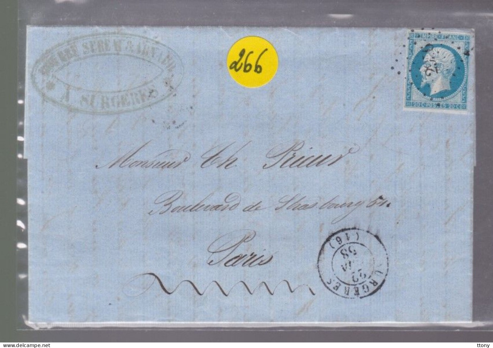 Un  Timbre  Napoléon III   N°  14     20 C Bleu   Sur  Lettre 1858    Départ  Surgères   Pc 2956     Destination Paris - 1849-1876: Klassieke Periode