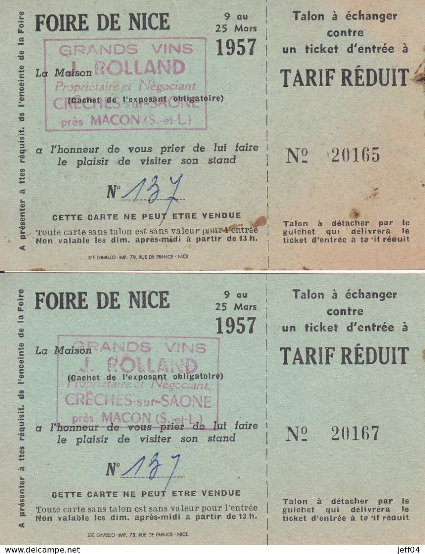 FOIRE DE NICE 1957 - 2 Entrées à Tarif Réduit - Tickets - Vouchers