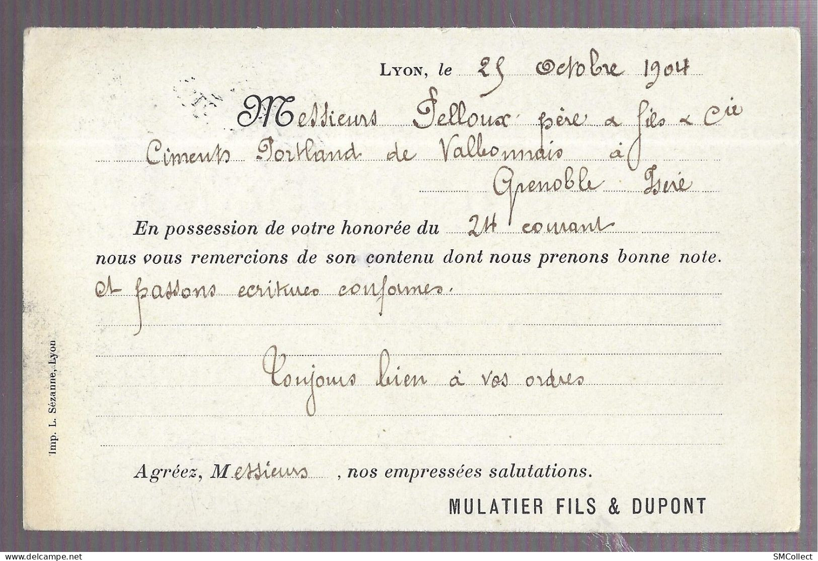 Carte Postale Publicitaire Mulatier Fils & Dupont, Manufacture De Toiles Metalliques, Lyon (A17p34) - Advertising